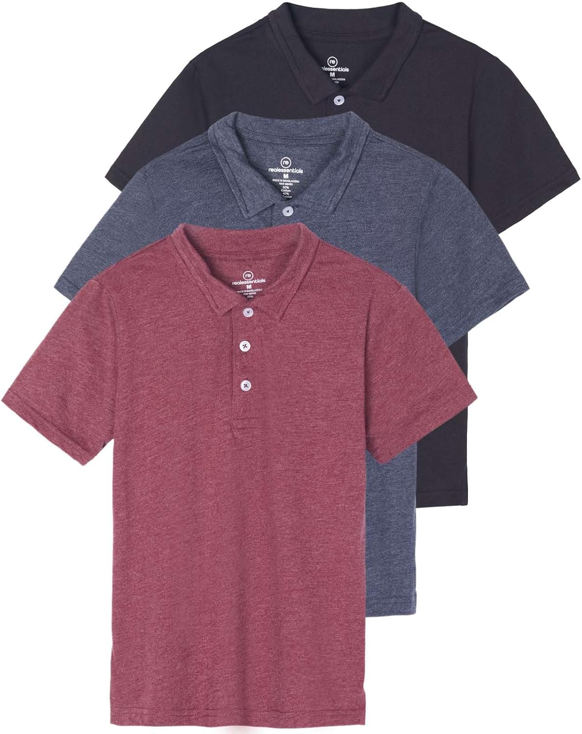 Real Essentials 3 Pack: Boys’ Short Sleeve Jersey Cotton Polo Shirt – Uniform Performance (Ages 4-18)