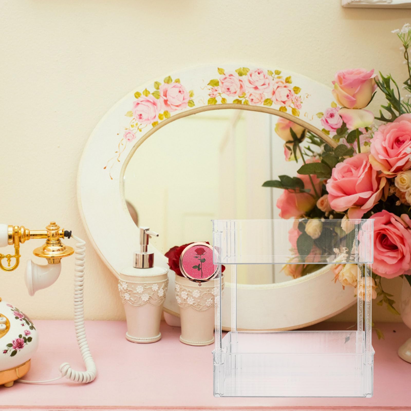 Organisateur Rangement Pet Étage Maquillage Double ou et Transparent en Design Simple pour Cosmétiques Soins Peau Salle de Bain Coiffeuse