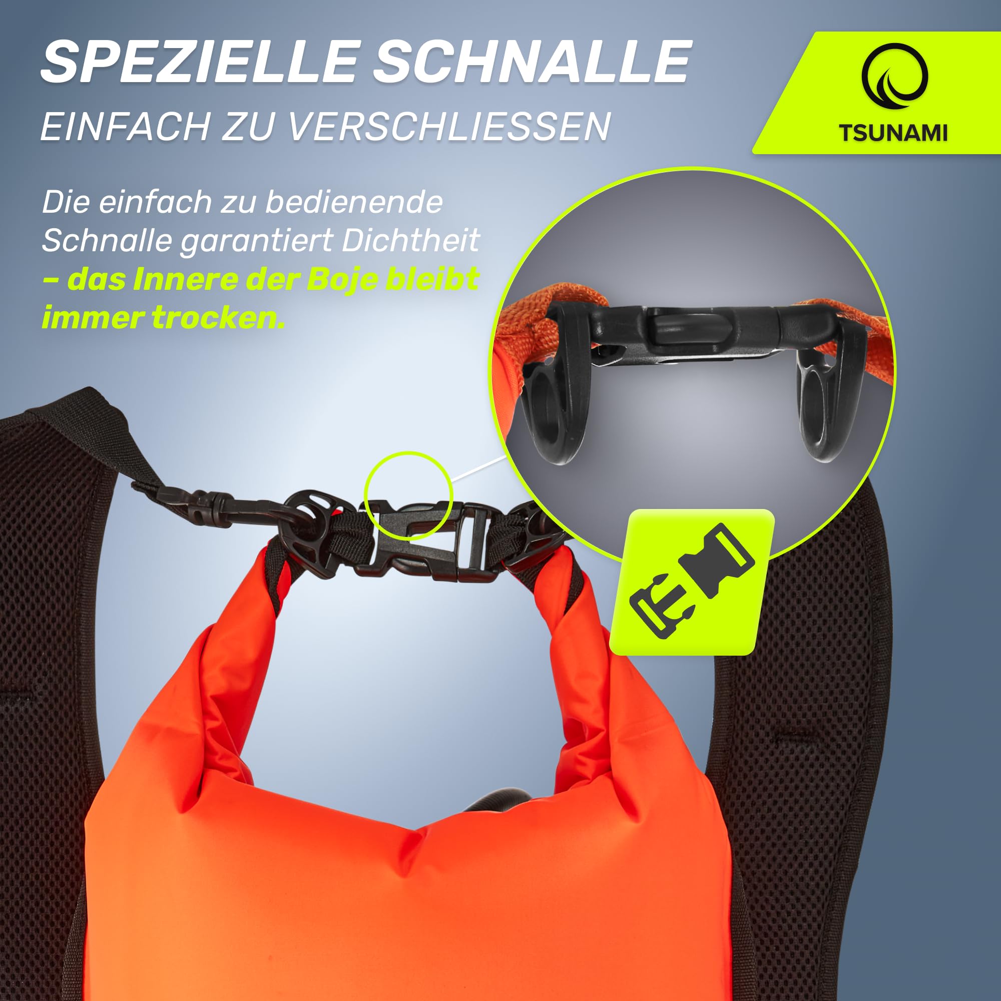 TSUNAMI Schwimmboje PRO mit 2-in-1-Trockentasche, Aufblasbare Schwimmhilfe für Schwimmen, Schnorcheln, SUP, Freiwasserschwimmen und Wildschwimmen, Sicherheitsboje, sichtbare Boje