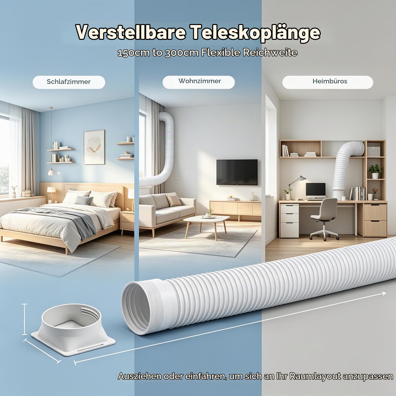 Abluftschlauch für Klimageräte mit quadratischem Anschluss, verstellbare Länge, ABS & Polypropylen, für Schlafzimmer Wohnzimmer Büro (Gelenk + 250 Cm Schlauch)