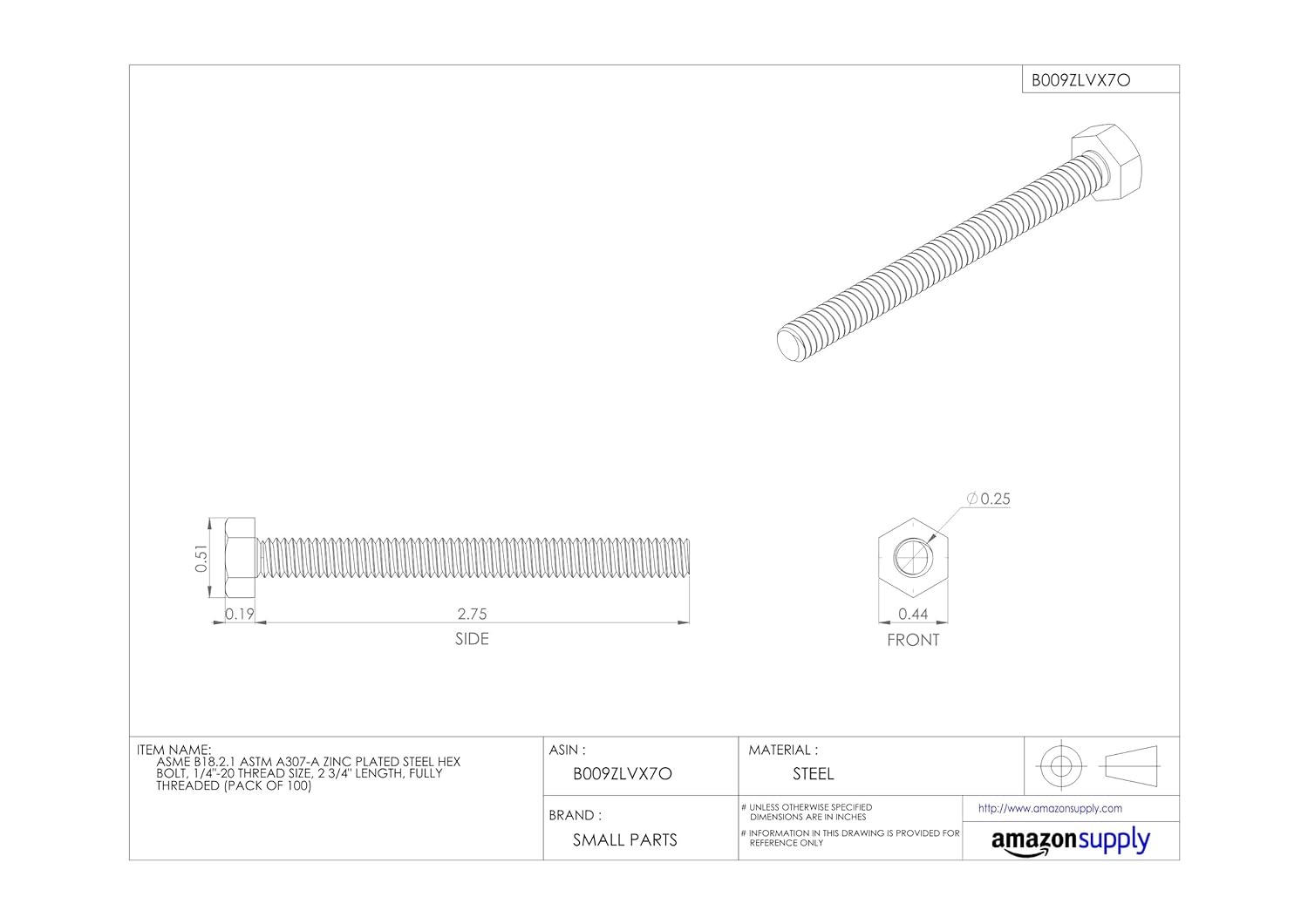 Steel Hex Bolt, Zinc Plated Finish, Hex Head, External Hex Drive, Meets ASME B18.2.1/ASTM A307, 1 1/4" Length, Fully Threaded, 5/16"-18 Threads (Pack of 100)