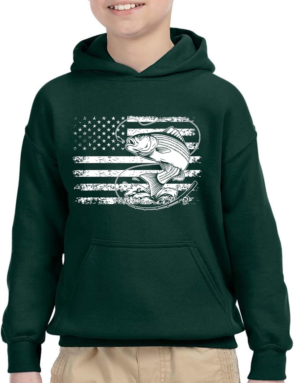 FerociTees Kids Unisex Patriotic Bass Fishing American Flag Fisherman Hoodie