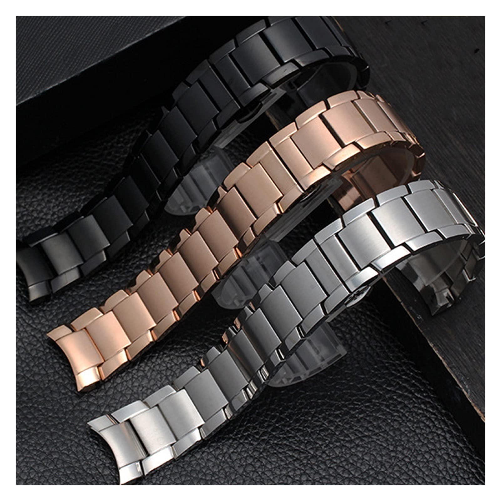 Strape Montre Metal Strap en Acier Inoxydable, Smart Butterfly Boucle grostée Argent Noir Rose Or 22 mm