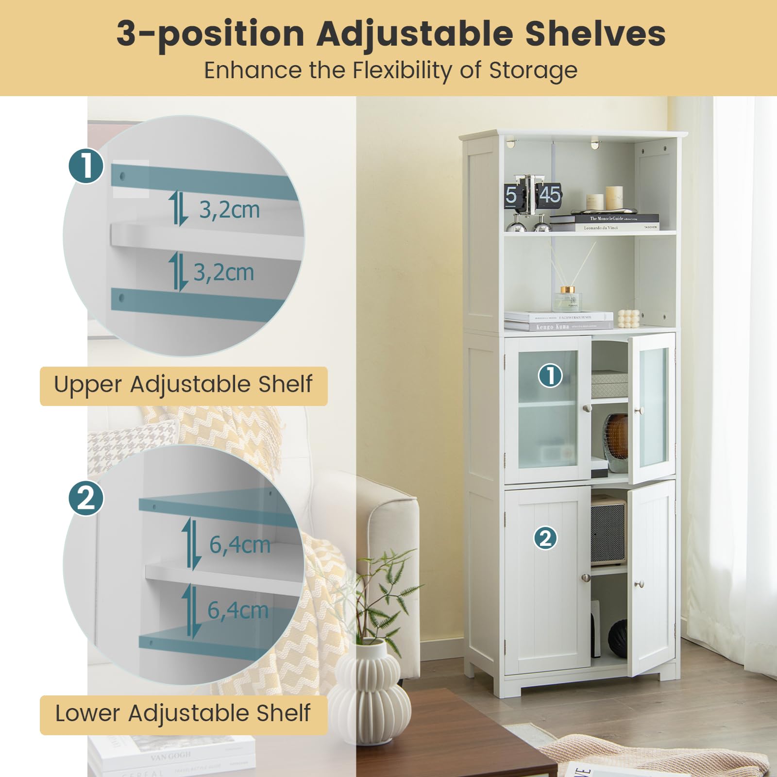 LIFEZEAL Armario Alto, Armario Independiente de Suelo con 4 Puertas, Gabinete con Estantes Ajustables, Mueble Organizador con 2 Puertas de Vidrio Templado para Baño, Cocina, Salón (Blanco)