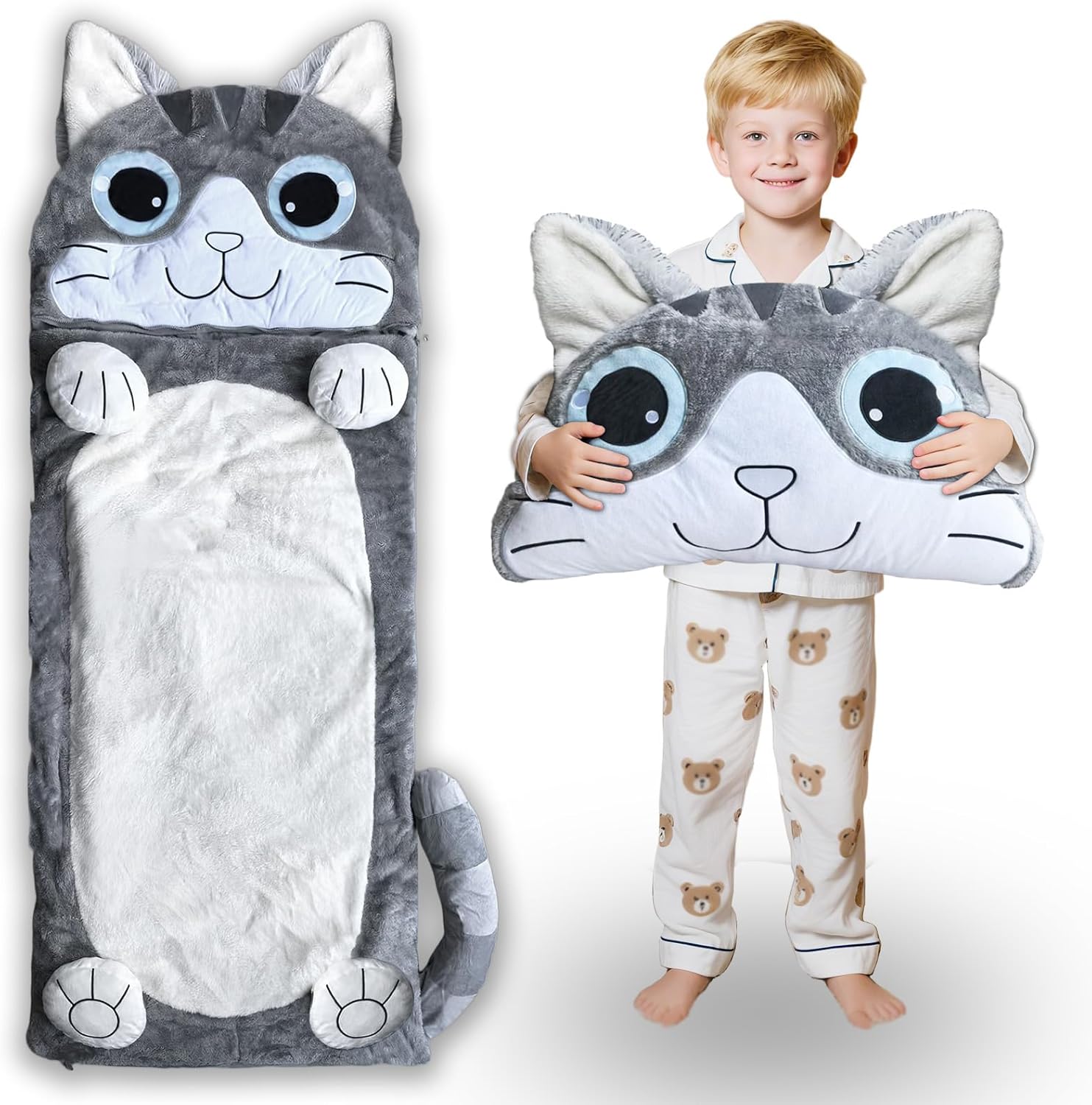 Kid Sleeping Bag with Pillow - Larger Nap Mat - Plush Slumber Bag for Boys Girls Daycare Preschool Kindergarten Birthday Gift Travel Sleepover Ages 3-12 Years Cat