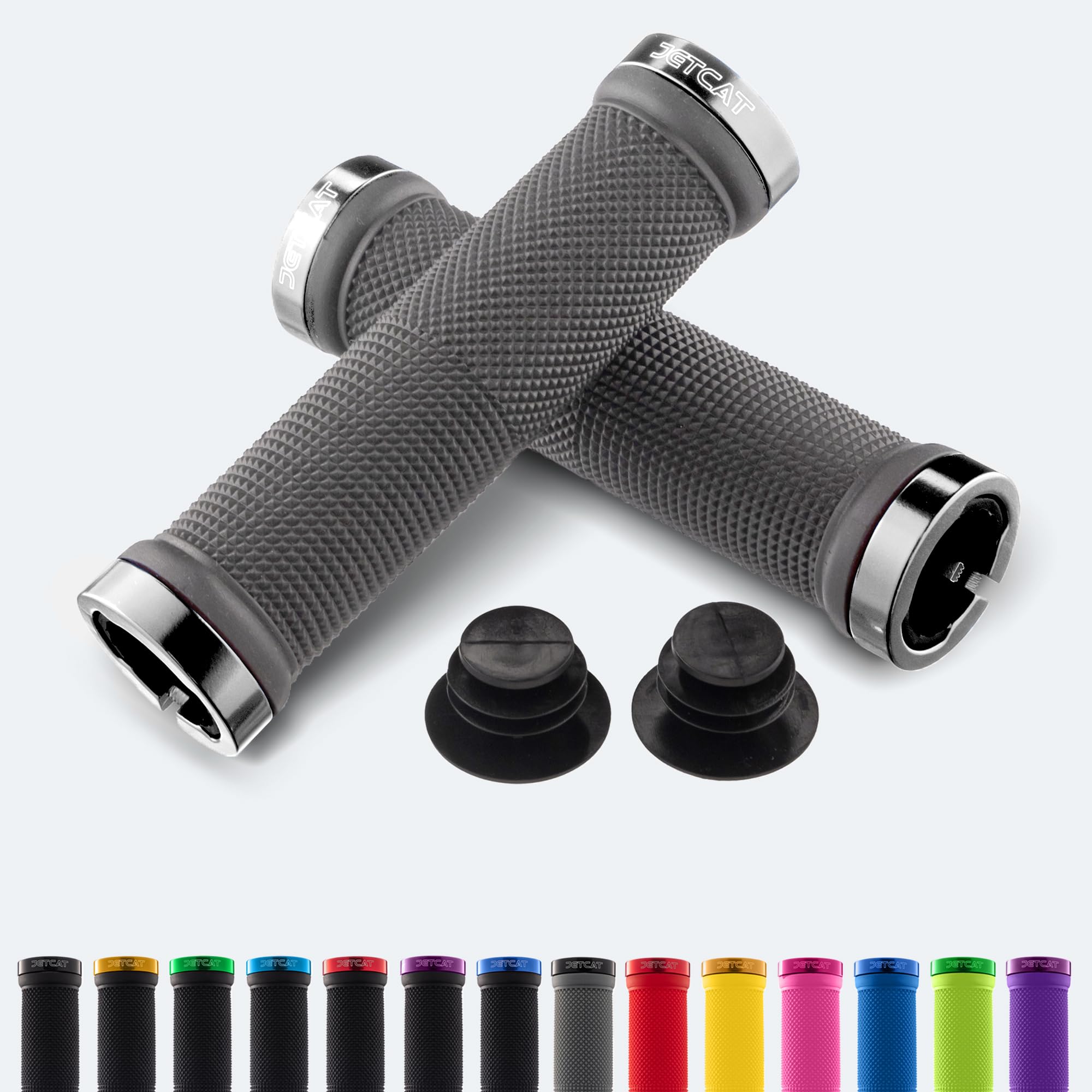 JETCAT Bike Grips, Bike Handlebar Grips, Mountain Bike Grips Handlebar, MTB Grips, Bicycle Grips BMX grips, Bicycle Handlebar Grips Handles for Adults. Ebike, MTB, Scooter, Lock on, Gray Silver