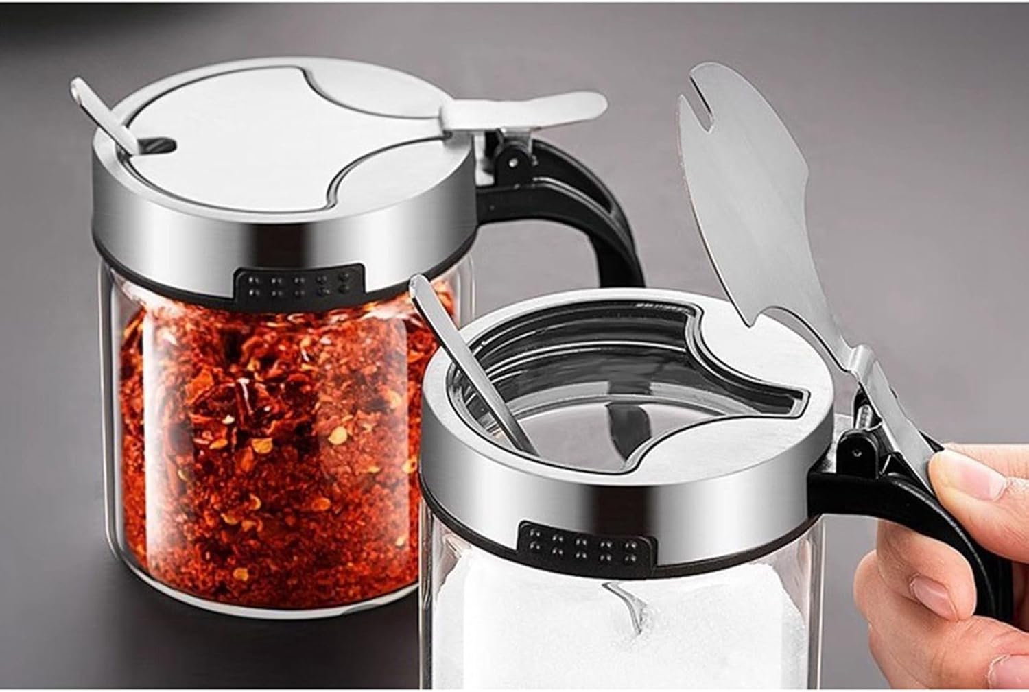 調味料入れ 調味料ボトル 4個組 ガラス容器 調味料ボックス 砂糖入れ 304ステンレス蓋 スプーン付き スパイスジャー ワンタッチ