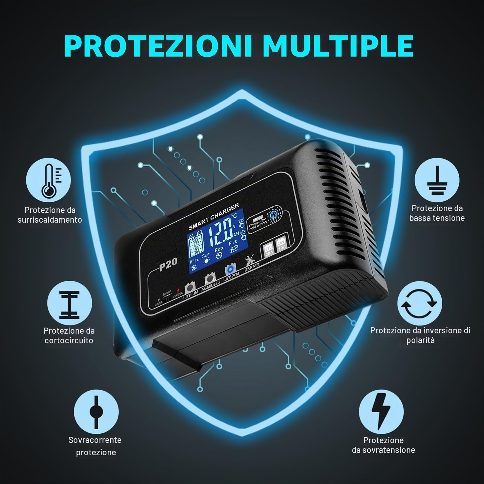 Caricabatterie intelligente da 12 V/24 V 20 A con riparazione di impulsi – Caricatore a 4 modalità per batterie LiFePO4/AGM/piombo-acido per auto, moto, barca, tosaerba (inverno/estate)