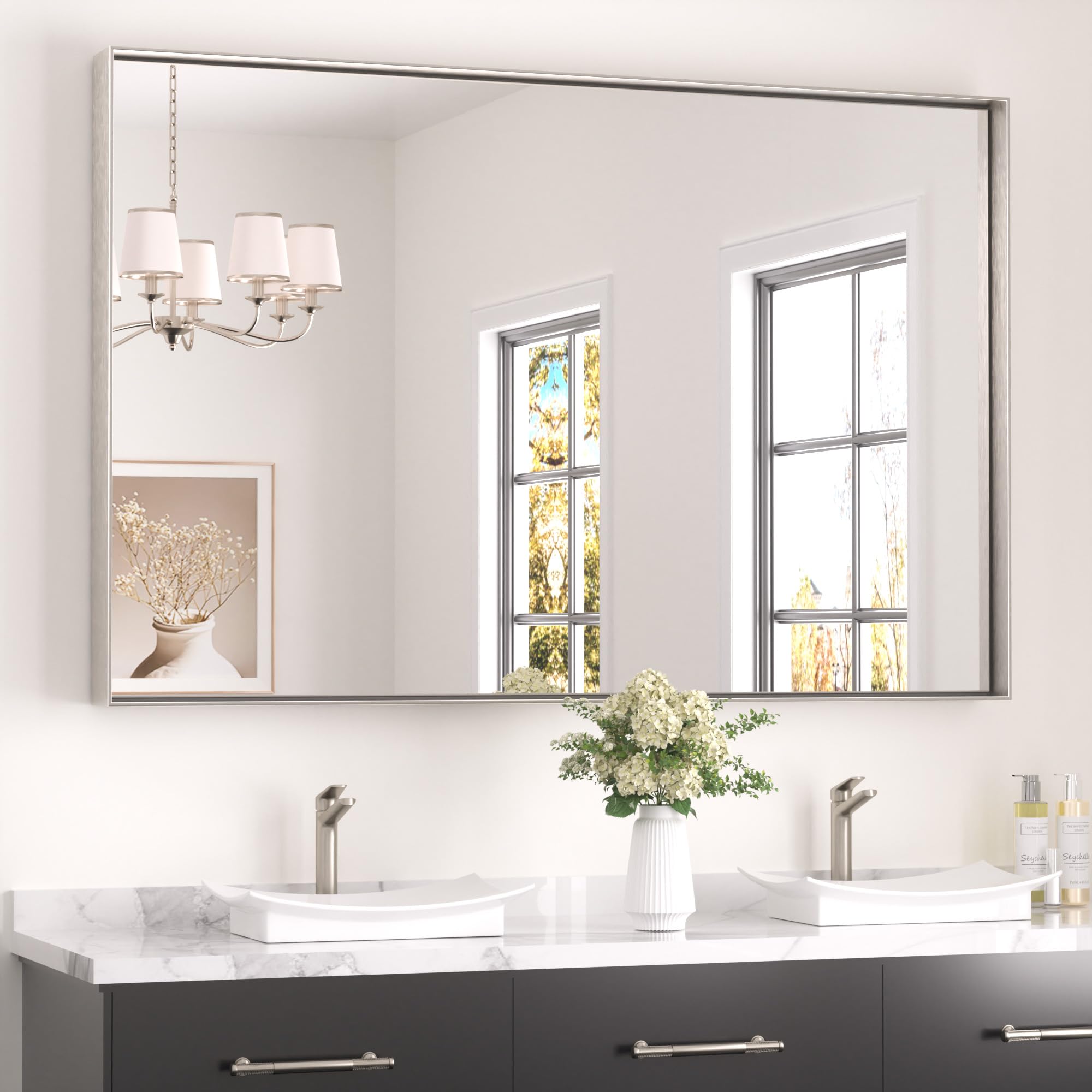 Keonjinn 55x36 Inch Nickel Bathroom Mirror for Over Sink, Rectangular