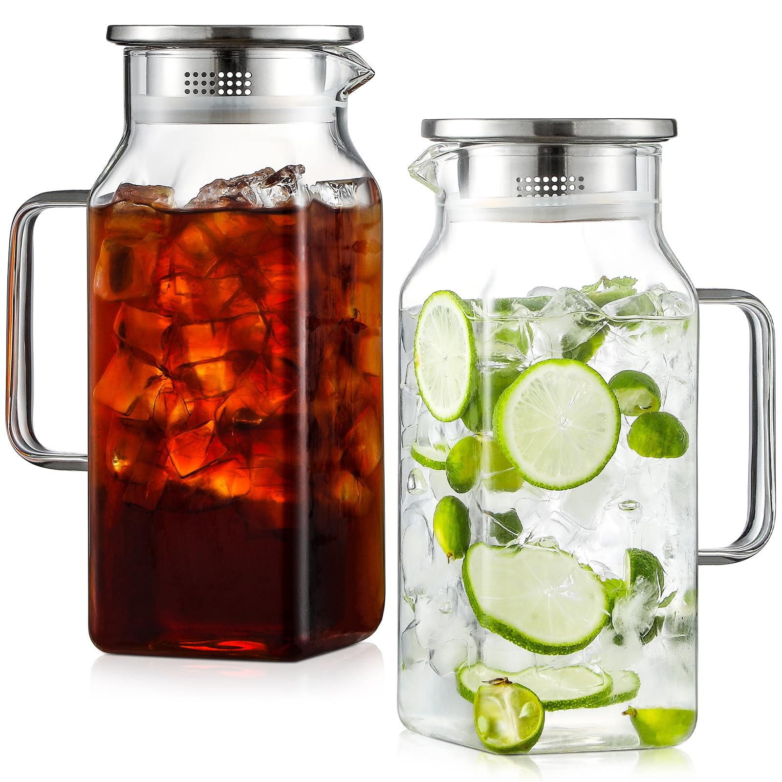 Netany 2 Pack 1.2 Liters/40 oz Small Square Glass Pitcher with Lid and Handle for Fridge, Iced Tea and Coffee Carafe Storage Container, Resistant to Hot and Cold Borosilicate Jug