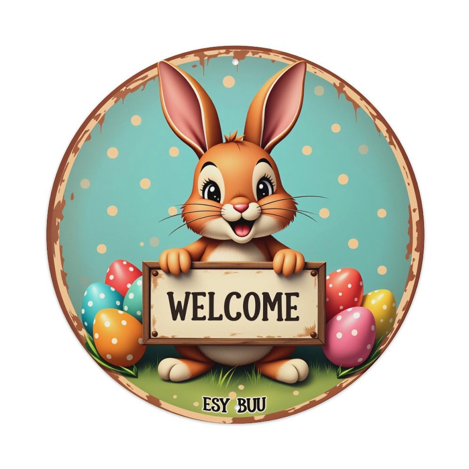Easter Bunny Welcome Sign Pattern Round Tin Sign Vintage Metal Poster Retro Bar, Home, Man Cave, Kitchen, Laundry Room Wall Art Decor Gift 8x8Inch