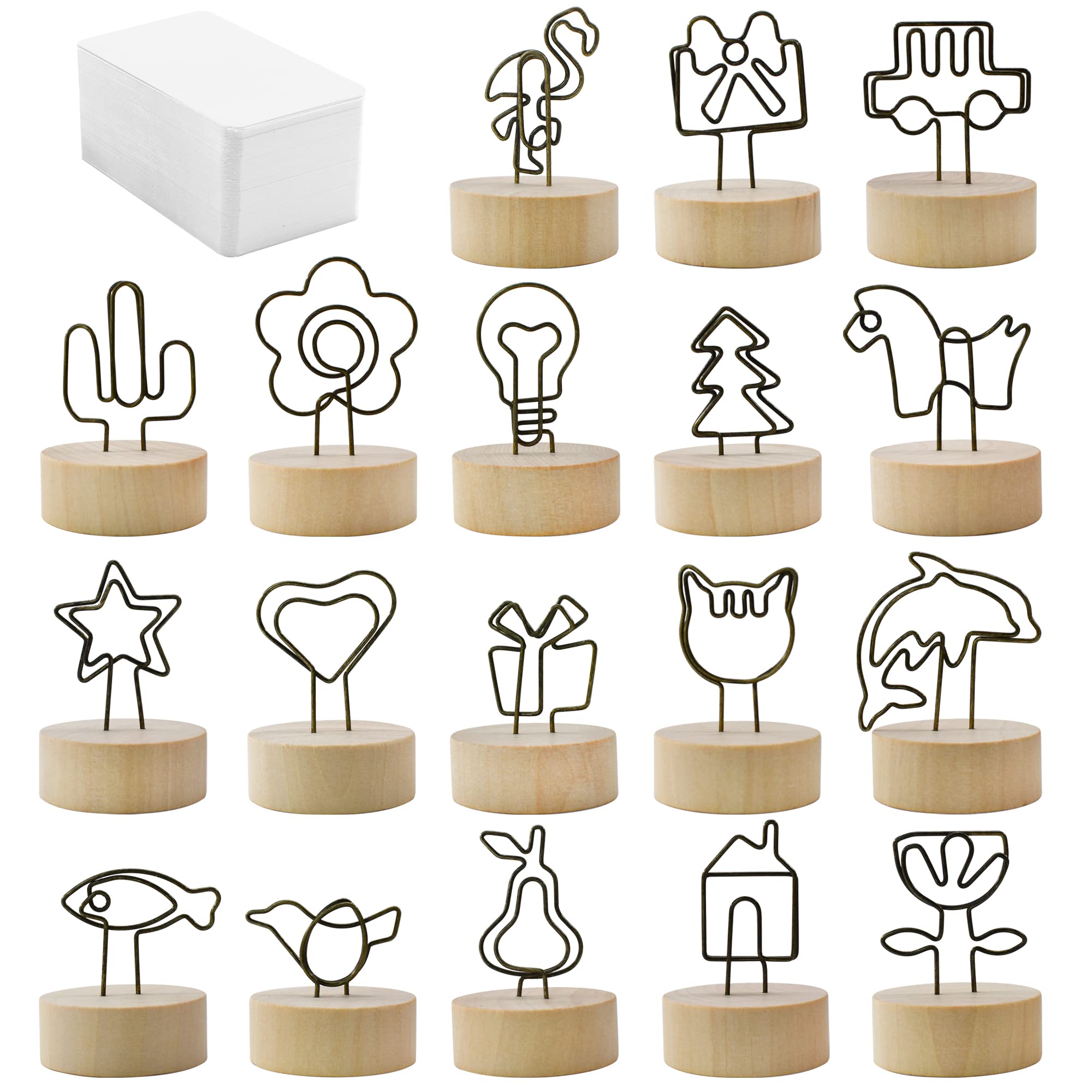 Enkrio 18pcs Wood Table Number Holders with 100 Blank Cards Wooden Place Card Holder with Swirl Wire Memo Note Holder Photo Picture Clips for Wedding Party Birthday Office DIY