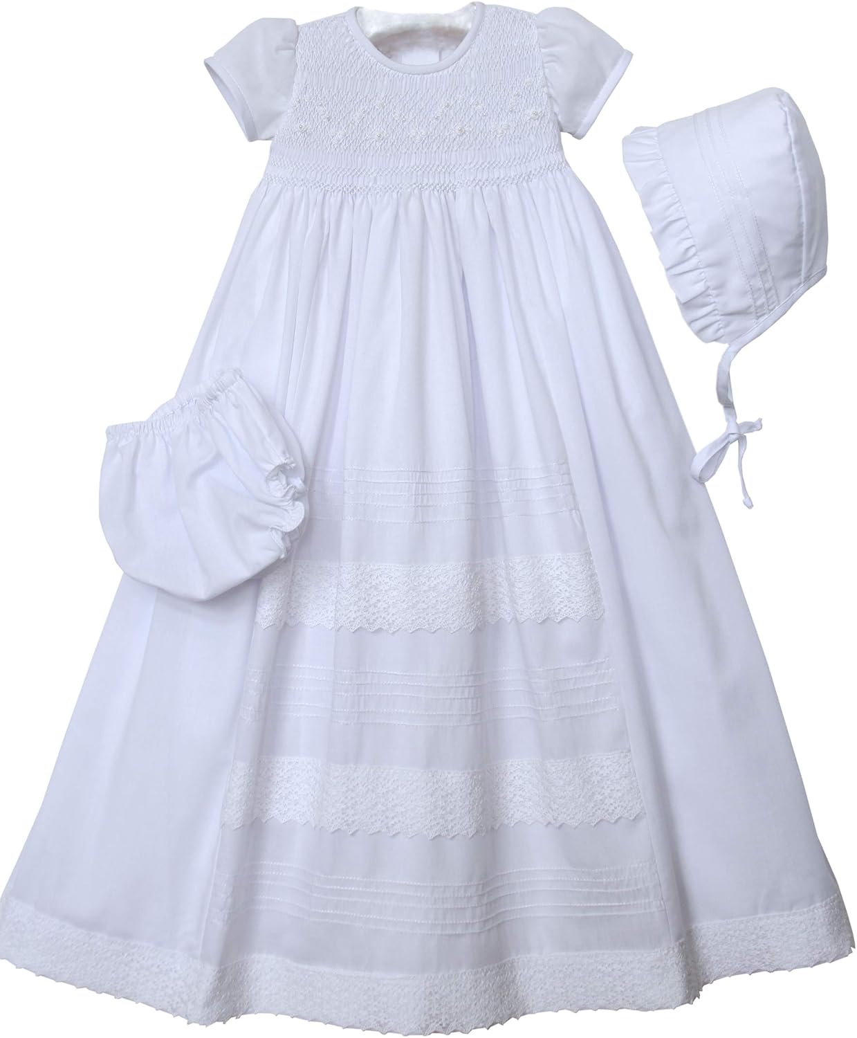 Baby Girls Heirloom Christening Baptism Gown with Bonnet and Hand Smocked Bodice