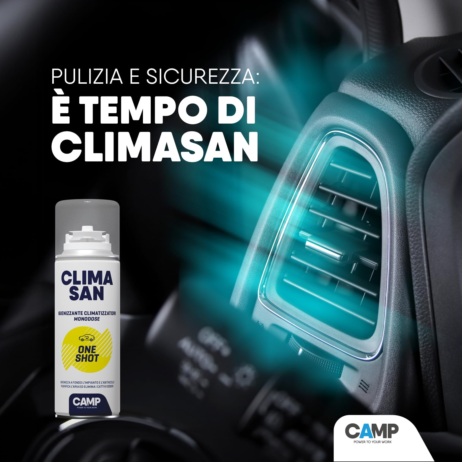 CAMP Climasan One Shot - Spray Limpiador Aire Acondicionado e Interior Coche, Limpieza Aire Acondicionado con Acción Purificadora–Ideal para Remover Gérmenes y Bacterias–Made in Italy, 12x200 ml
