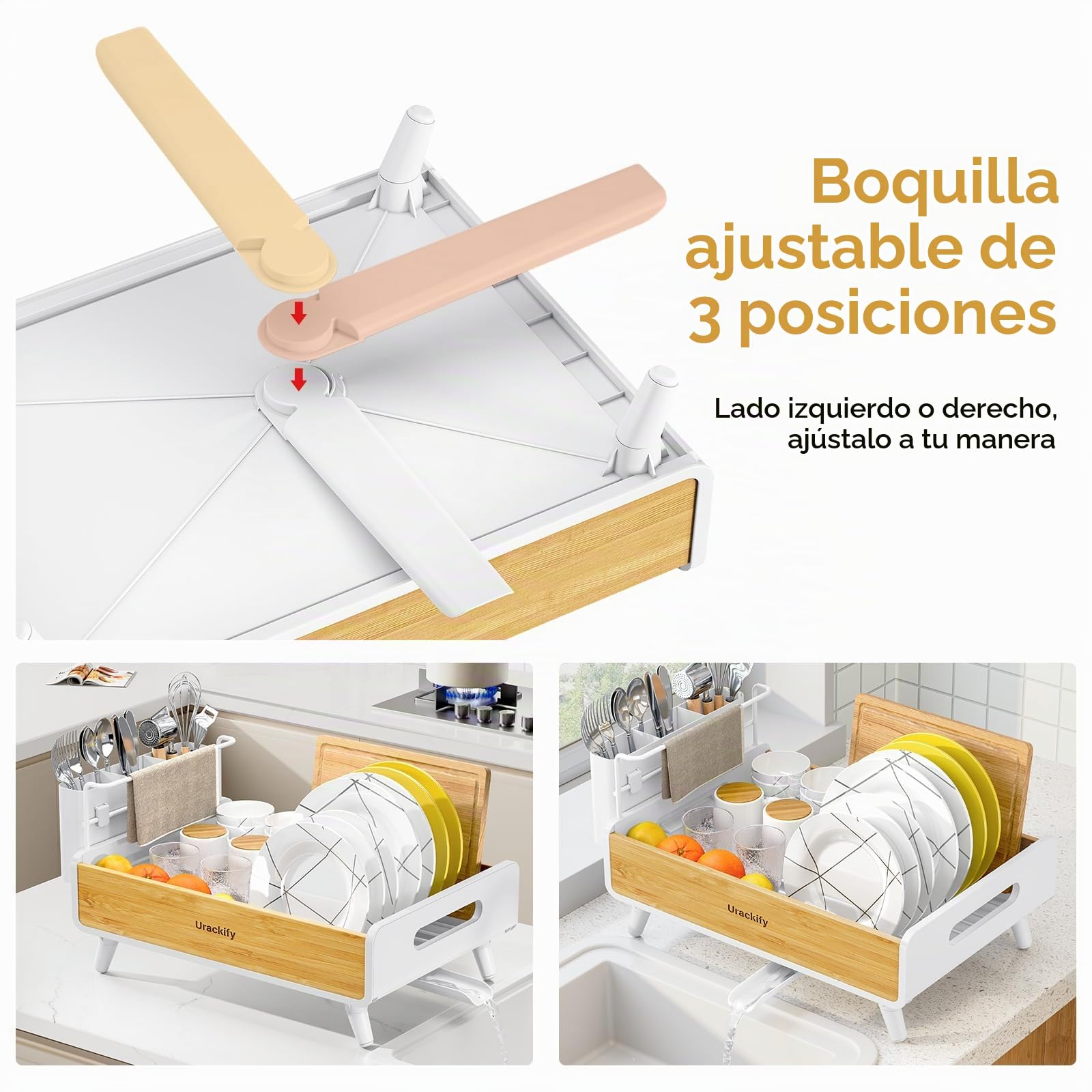 Urackify Escurridor de Platos, Bambú | Acero Inoxidable y Bambú, Soporte Utensilios Extraíble, para Encimera de Cocina