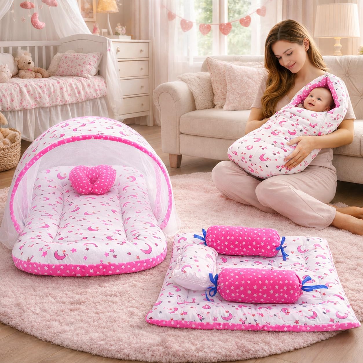 Infantbond Designer Mattress with Net | Baby Sleeping Bag | Carry Bed (0-6 Months) (Star & Moon Pink)