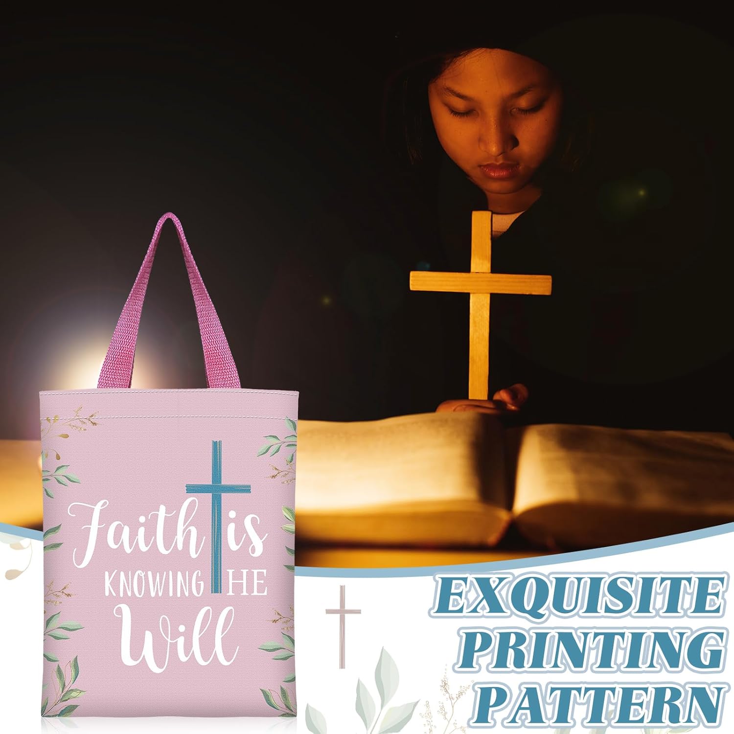 24 Pcs Christian Gift Bible Tote Bags for Women Religious Gift Small Bags Bulk 4 Colors Floral Christian Canvas Tote Religious Reusable Bible Verse Book - Image 7