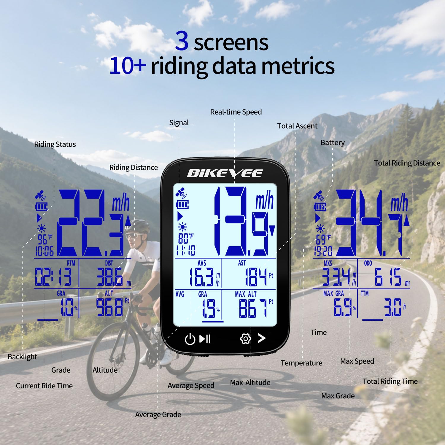 Bezprzewodowy komputer rowerowy GPS, aplikacja Bluetooth | Licznik prędkościomierza rowerowego, aplikacja BIKEVEE, synchronizacja Strava, temperatura, gradient, odległość wznoszenia
