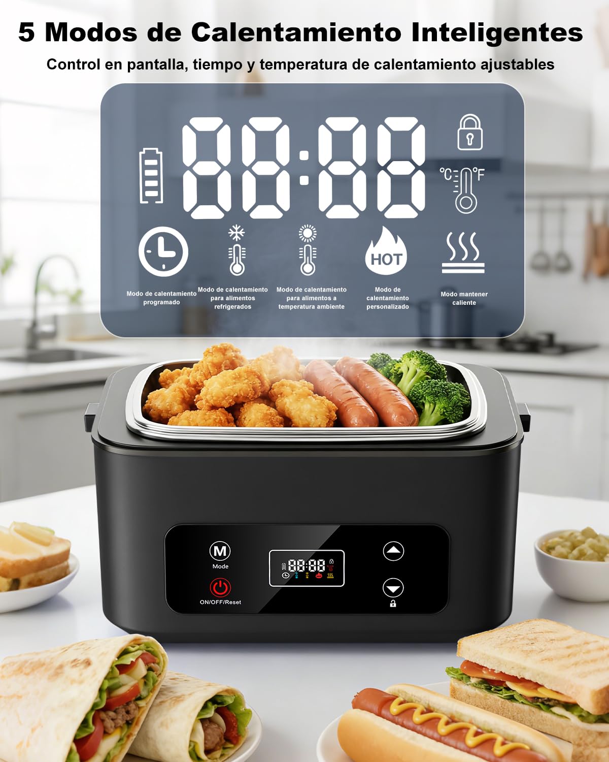 Fiambrera Electrica, 100W Taper Electrico para Comida Extra Grande 1.2L | Fiambrera Electrica con Bateria 2400mAh, Tupper Electrico con Taper Acero Inoxidable para Coche, Camión, Acampada