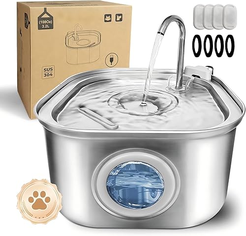 Purrify Fuente de agua para gatos. Tazón dispensador de agua para mascotas de acero inoxidable: 108 oz/3.2 l. Dispensador de agua silencioso para