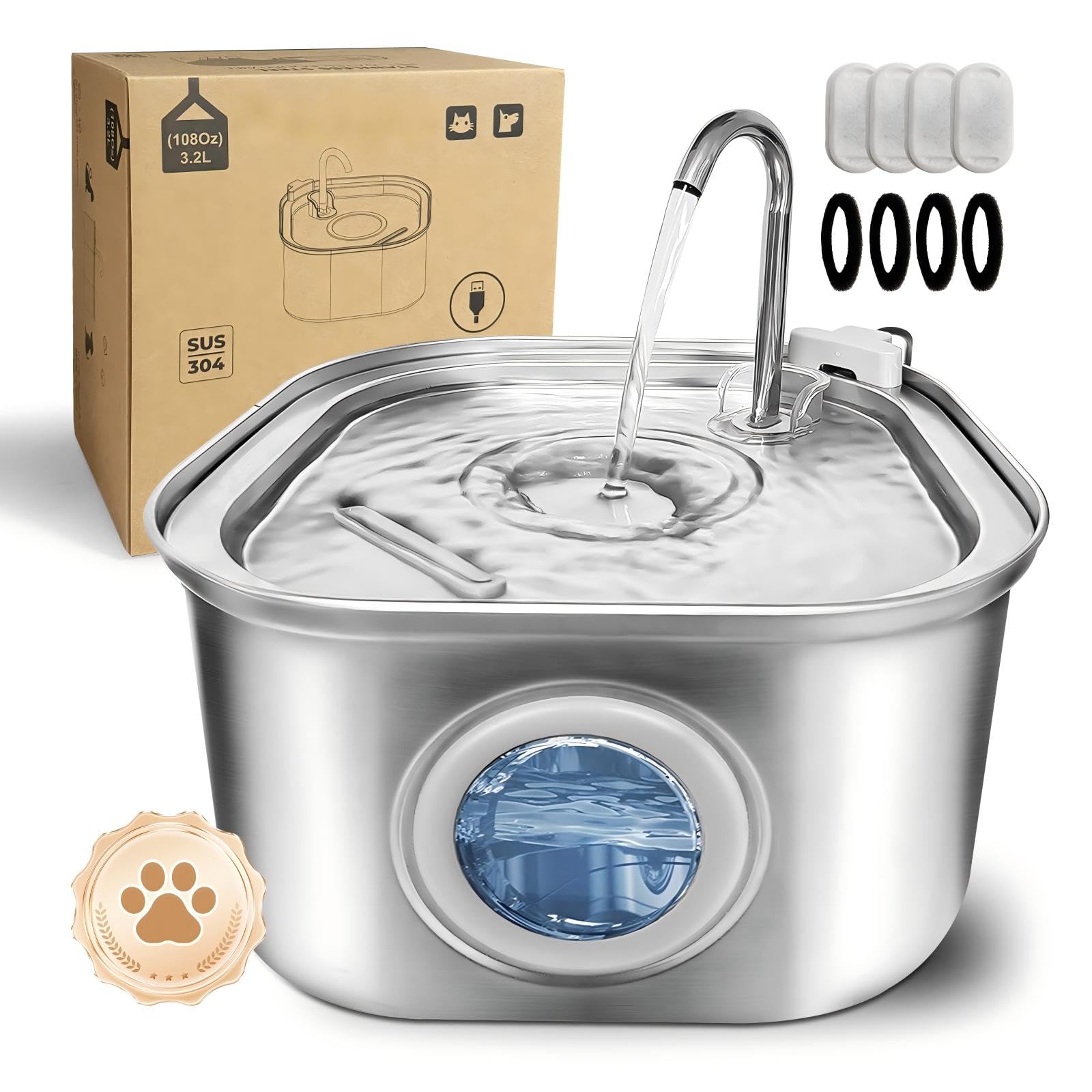 Cat Water Fountain.Stainless Steel Pet Water Dispenser Bowl: 108oz/3.2L.Quiet Pet Water Bowl Dispenser.with Ultra Quiet Pump and Faucet Water Level Window（with 4 Filters and Sponge）