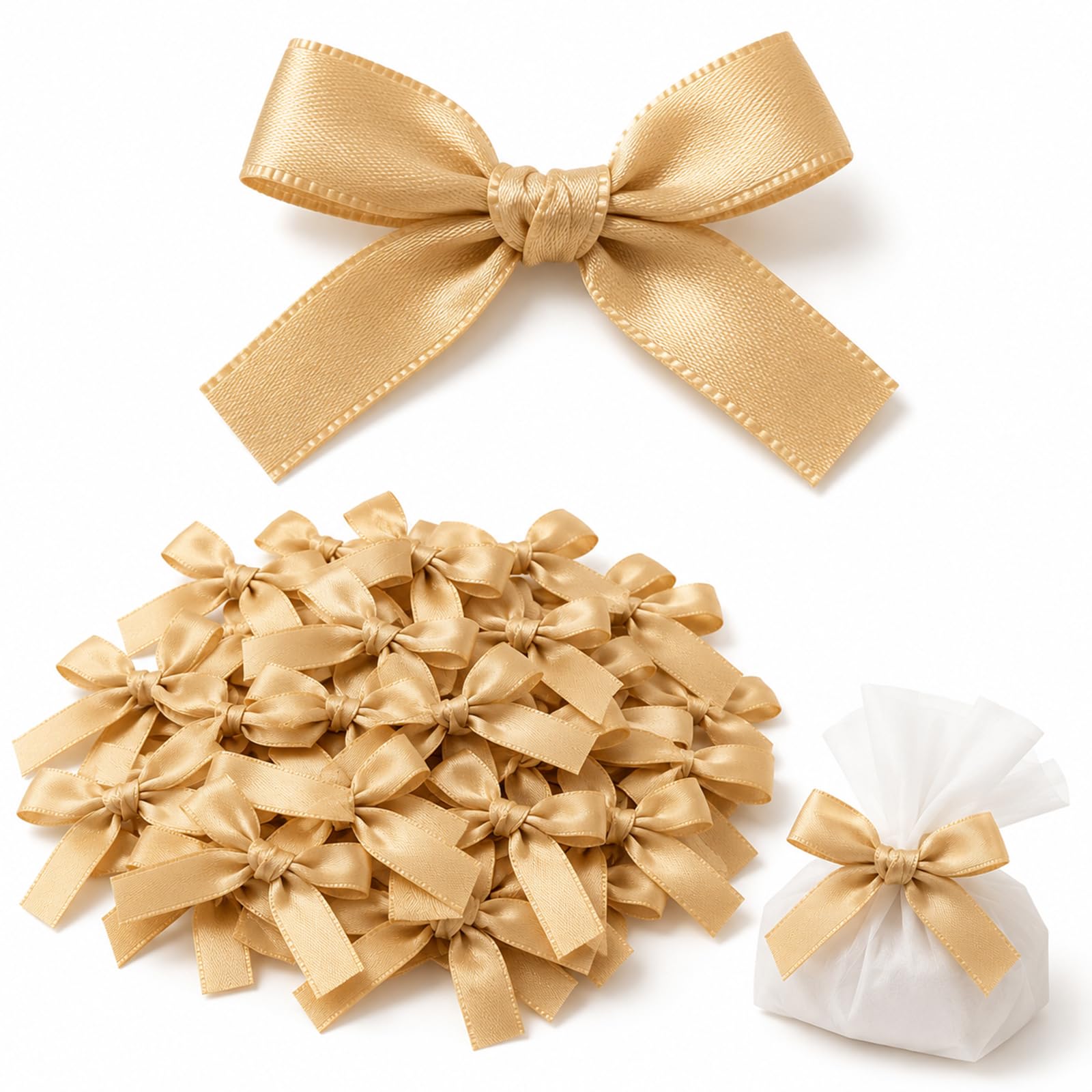 50 Pcs Mini Ribbon Bows – Champagne Gold Fabric Satin for Wrapping, Craft DIY Sewing, Wedding Birthday Party Christmas Decoration – Small Adhesive Ready Gift Embellishments