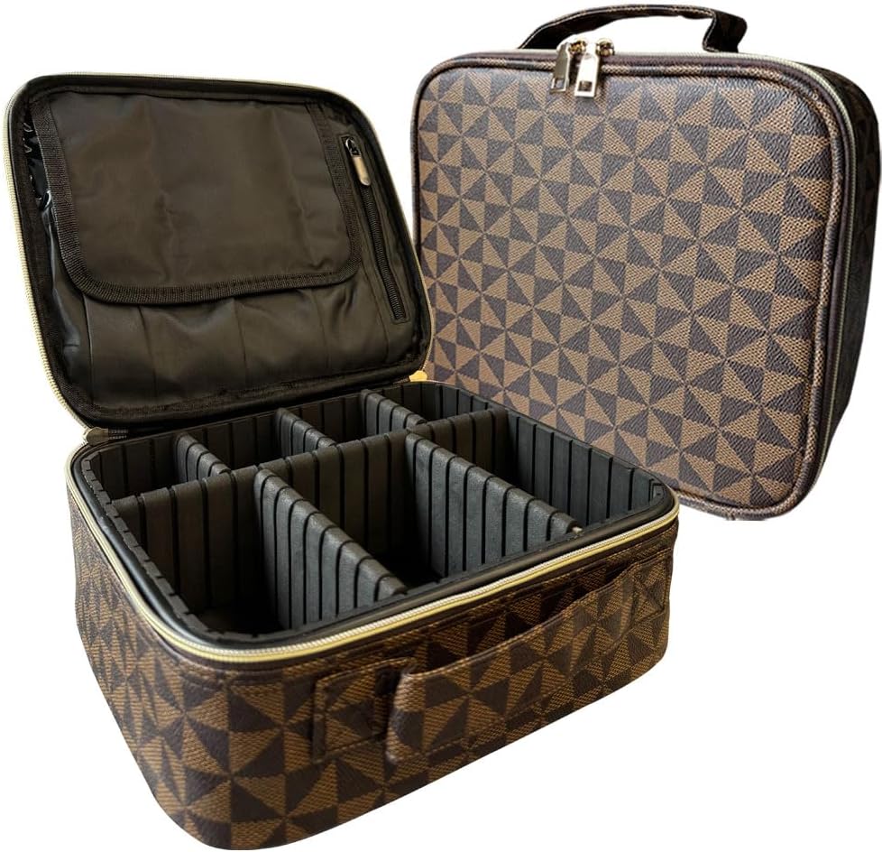Makeup Bag Organizer – Portable Travel Cosmetic Case with Brush Storage | Large Makeup Train Case for Women | Hard Shell Makeup Suitcase | Vanity & Countertop Organizer (H-Brown)