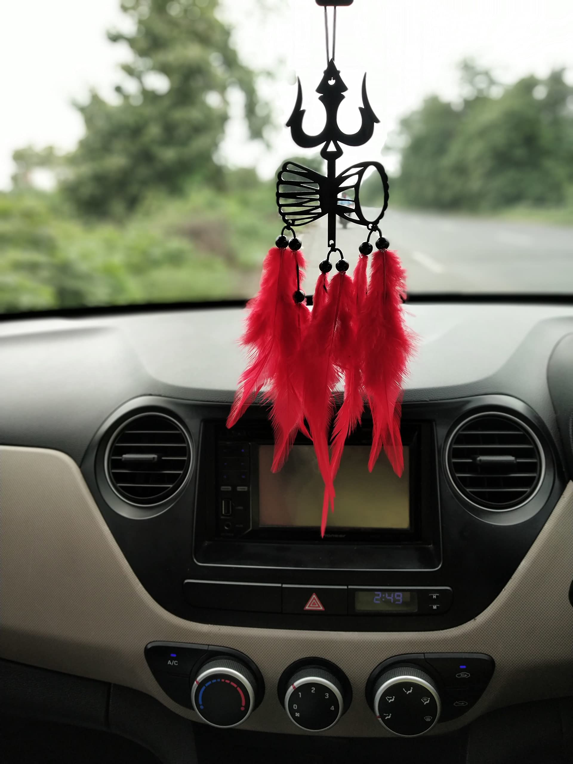 BiyoWood Dream Catcher Hand Made for Positive Vibes, Wall Decor and car Hanging Made with Acrylic Material of Feathers (DAMRUWITHTRISHUL)