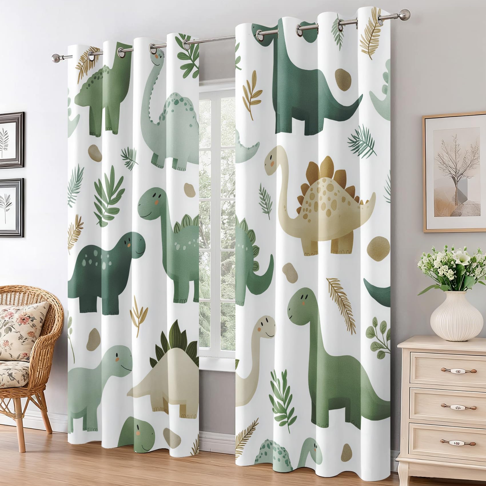 Rideau Dinosaures 70x200cm(LxH) Rideau Occultants Thermiques Motif Animaux Dessin Animé pour Chambre d'enfant (Garçons, Filles, Bébés), Lot De 2 Draperies Intérieurs à Oeillets