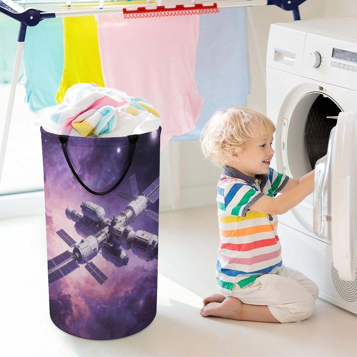 Space Laundry Hamper with Handles Waterproof Collapsible Laundry Basket Large Lightweight Round Dirty Clothes Hamper for Home Dorm Bathroom Decor