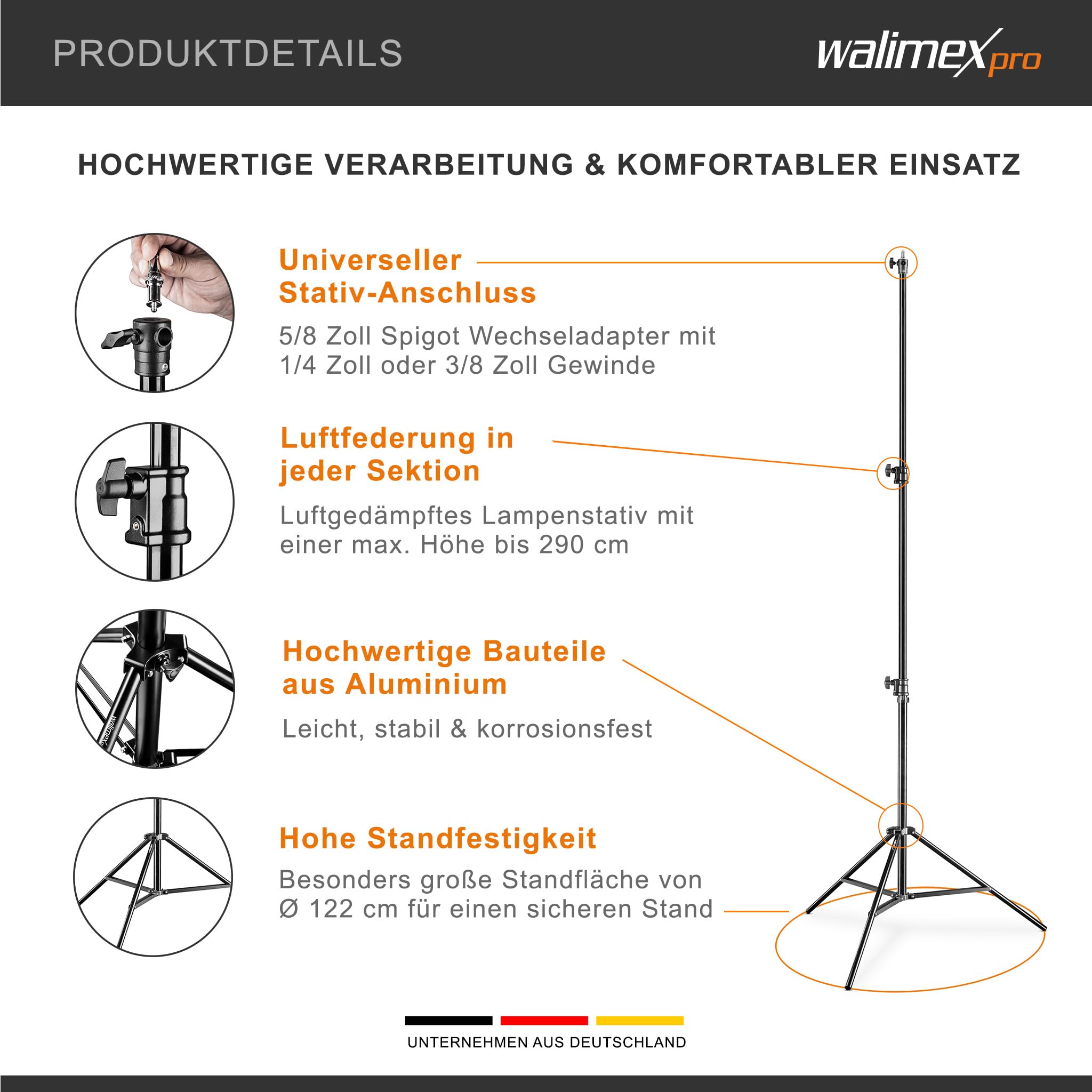 Walimex pro AIR 290 Deluxe Lampenstativ max. Höhe 290 cm, Lichtstativ mit Luftfederung, Blitzstativ mit 7 kg Traglast, Leuchtenstativ aus Aluminium, Dreibeinstativ für Fotostudio und Outdoor