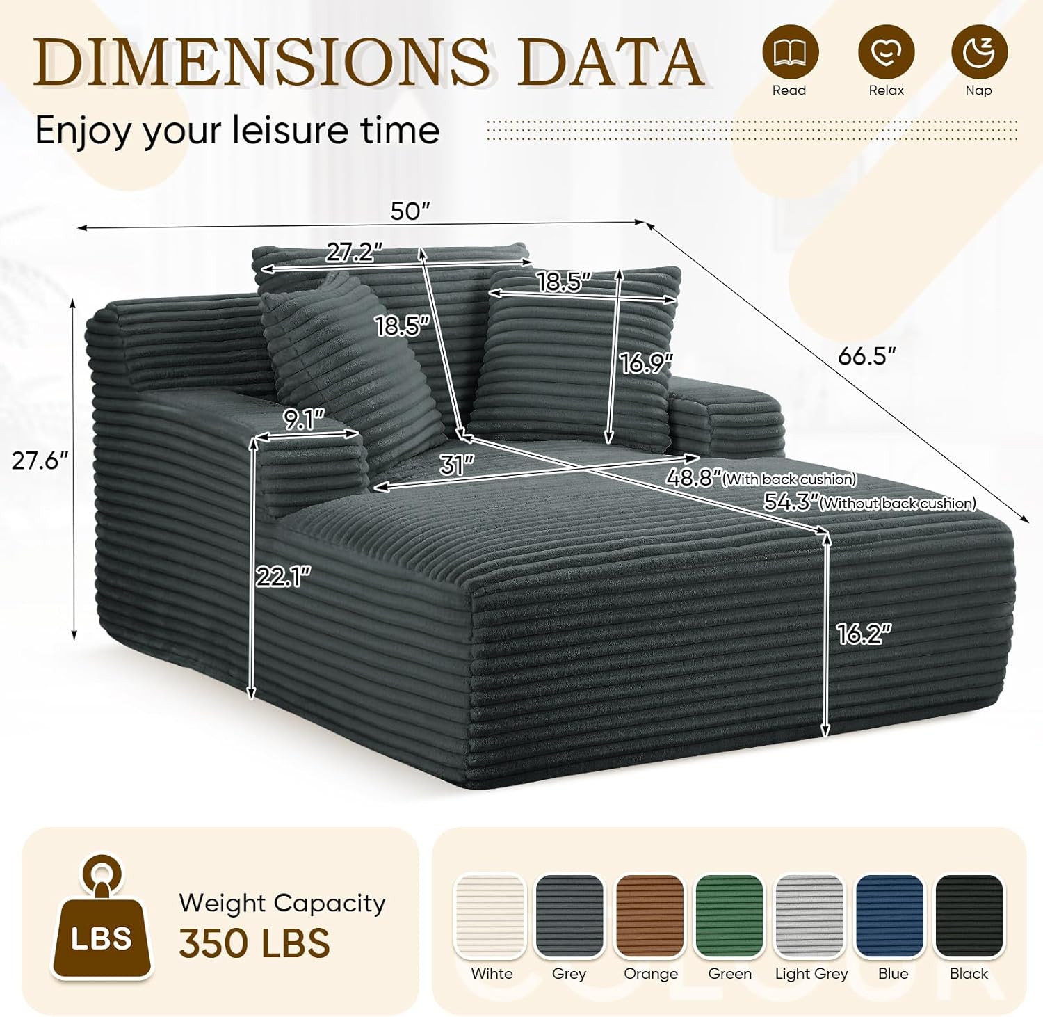 Oversized Chaise Lounge Chair Indoor,50"W Upholstered Corduroy Couch with 3 Pillows,Comfy Fluffy Cloud Couch,Modern Deep Seat Sofa,Single Sleeper Sofa Chair for Livingroom,Bedroom,No Assembly(Grey)