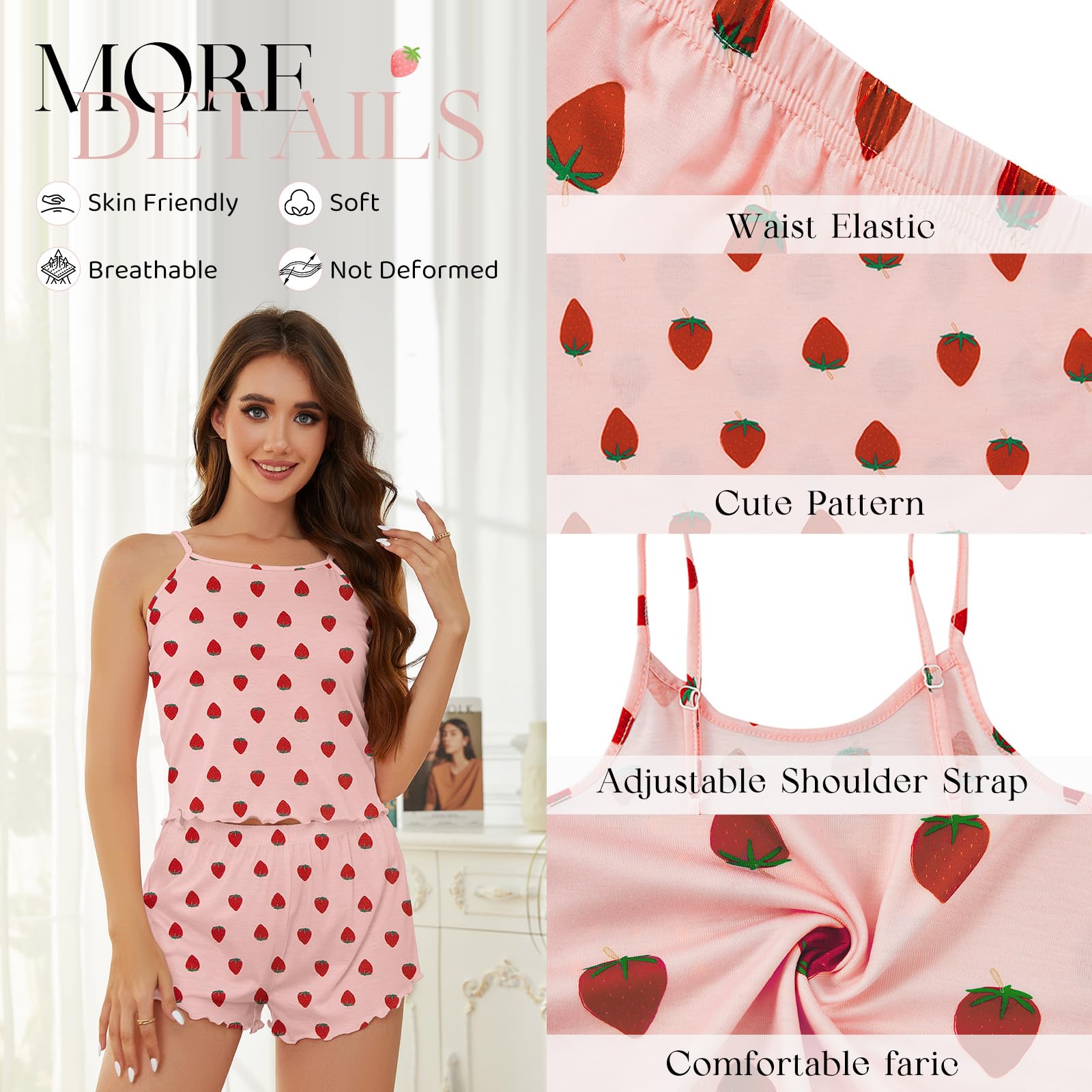 American Trends Lindo pijama para mujer, conjunto de pijama de dos piezas con estampado de fresas, camiseta y pantalones cortos