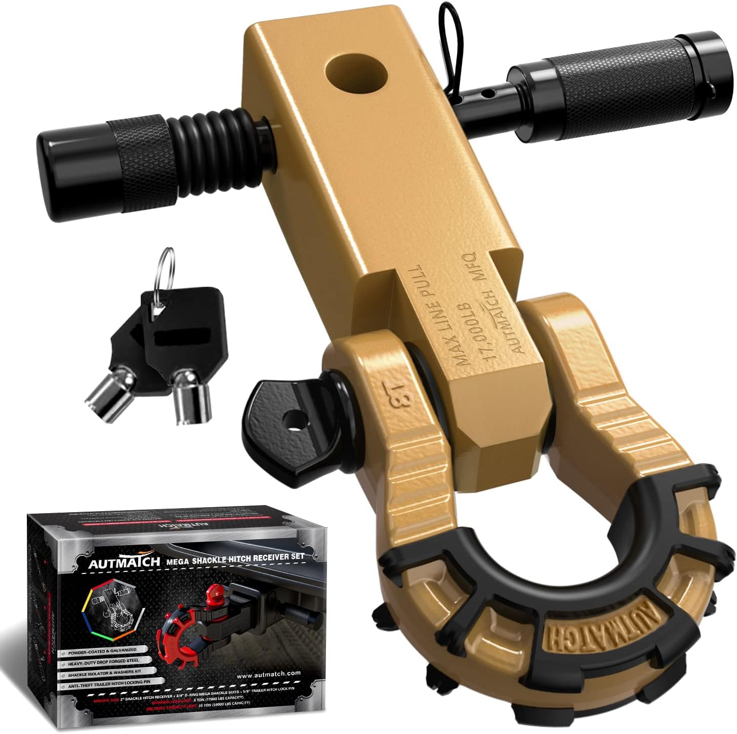 AUTMATCH Shackle Hitch Receiver 2" with 3/4" Mega D Ring Shackle and 5/8" Trailer Hitch Lock Pin, 68,000 Lbs Break Strength Heavy Duty Receiver Towing Kit for Off-Road Vehicle Recovery, Gold