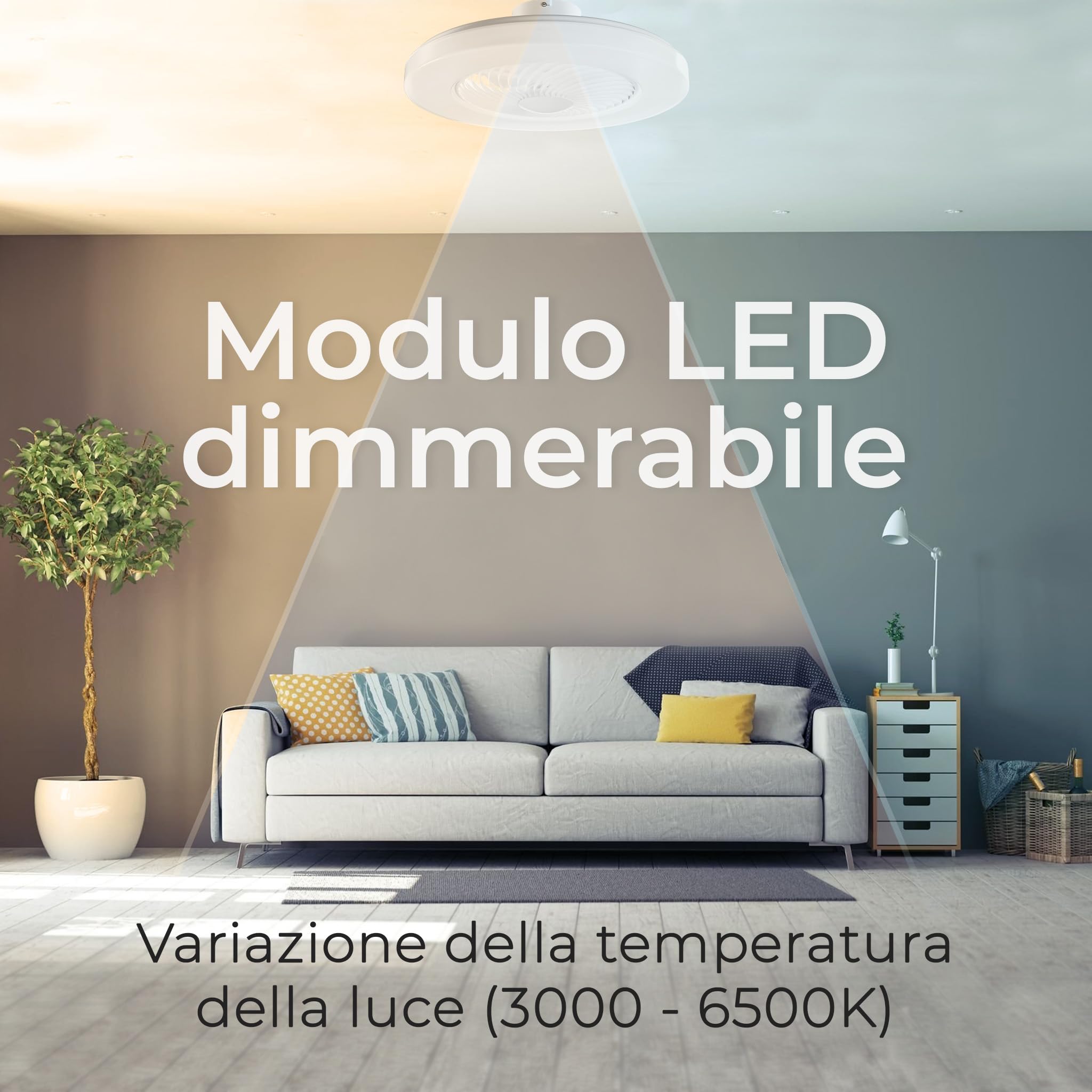Noaton® Triton Bianco Ventilatore da Soffitto con Luce e Telecomando, LED Dimmerabile 50 W, 3 Colori, 6 Velocità con Timer, Silenzioso, per Soggiorno Camera, da Letto Sala e Cucina, Lampada, Ø 58 cm