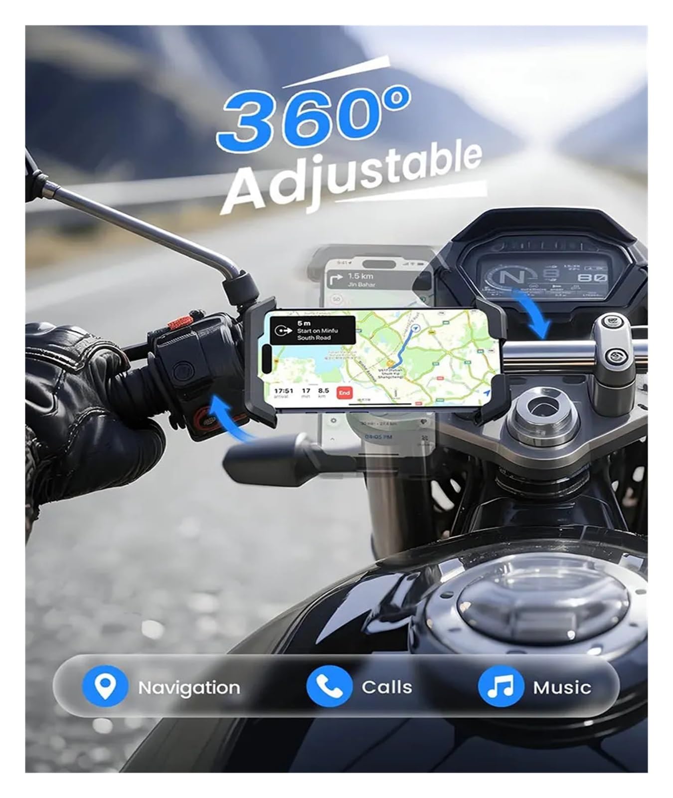 Generico Supporto universale for telefono da moto anti-vibrazione - Supporto da manubrio regolabile a 360° for tutti gli smartphone