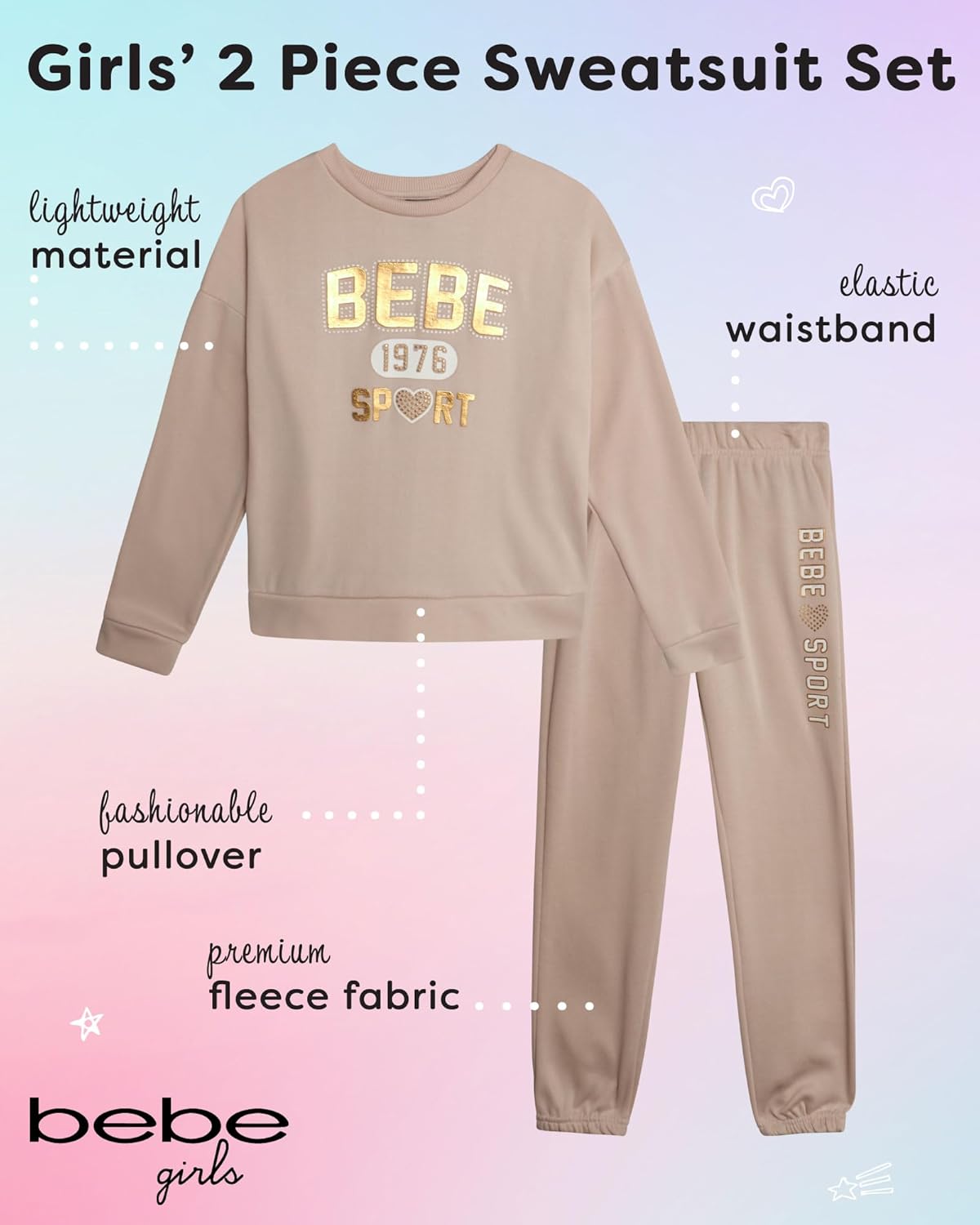bebe Girls Sweat Suit Set - 2 Piece Soft Fleece Pullover Graphic Crewneck Sweatshirt and Jogger Sweatpants for Girls - Image 2