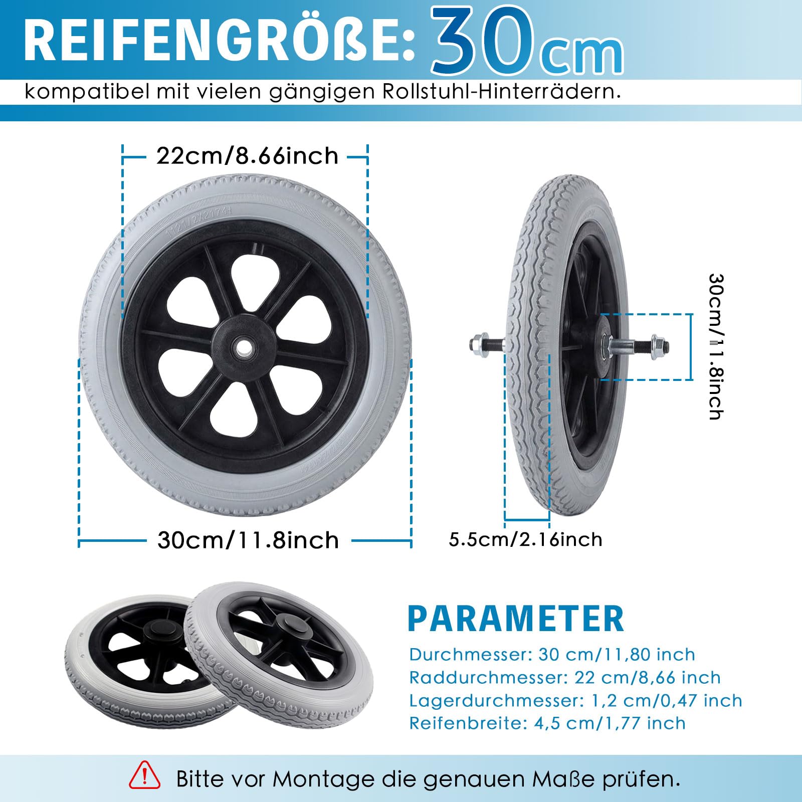 2 Stück 12 Zoll (30 cm) Rollstuhl-Hinterräder mit PU-Reifen – Luftlose Feststoffräder als Rollstuhlzubehör zum Austausch, Farbe: Grau