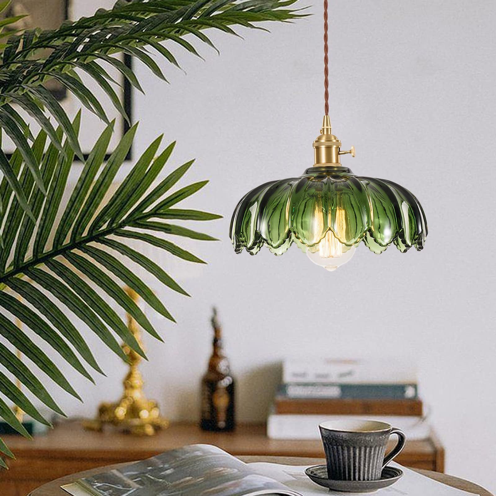 Lámpara Colgante de Cristal de Loto,Luz Colgante de Techo de Latón Vidrio Vintage,E27 Lámpara de Araña Industrial Lámpara de Techo Salón para Cocina Pasillo Comedor(Verde)