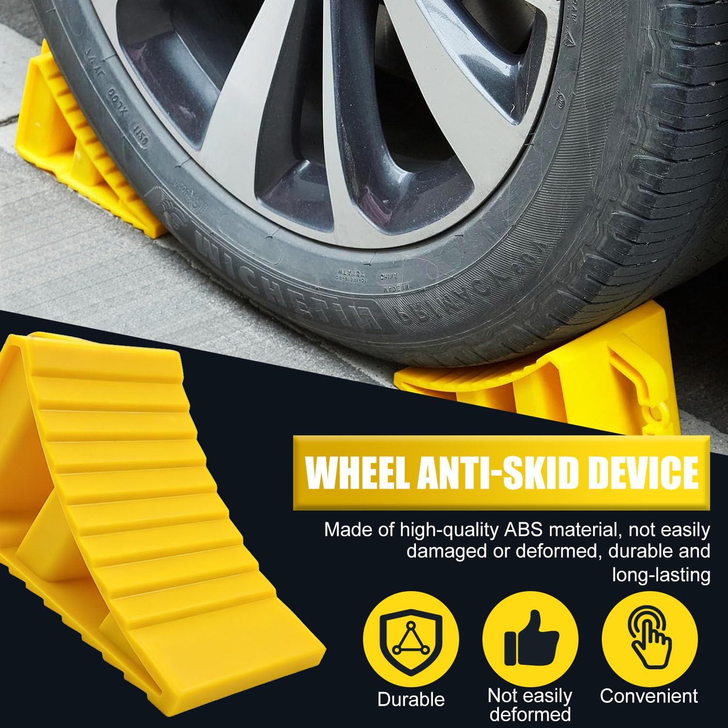 Cunei, 2 pezzi con impugnatura, cunei frenanti per camion, auto, rimorchio, roulotte, camper, con 20 adesivi riflettenti