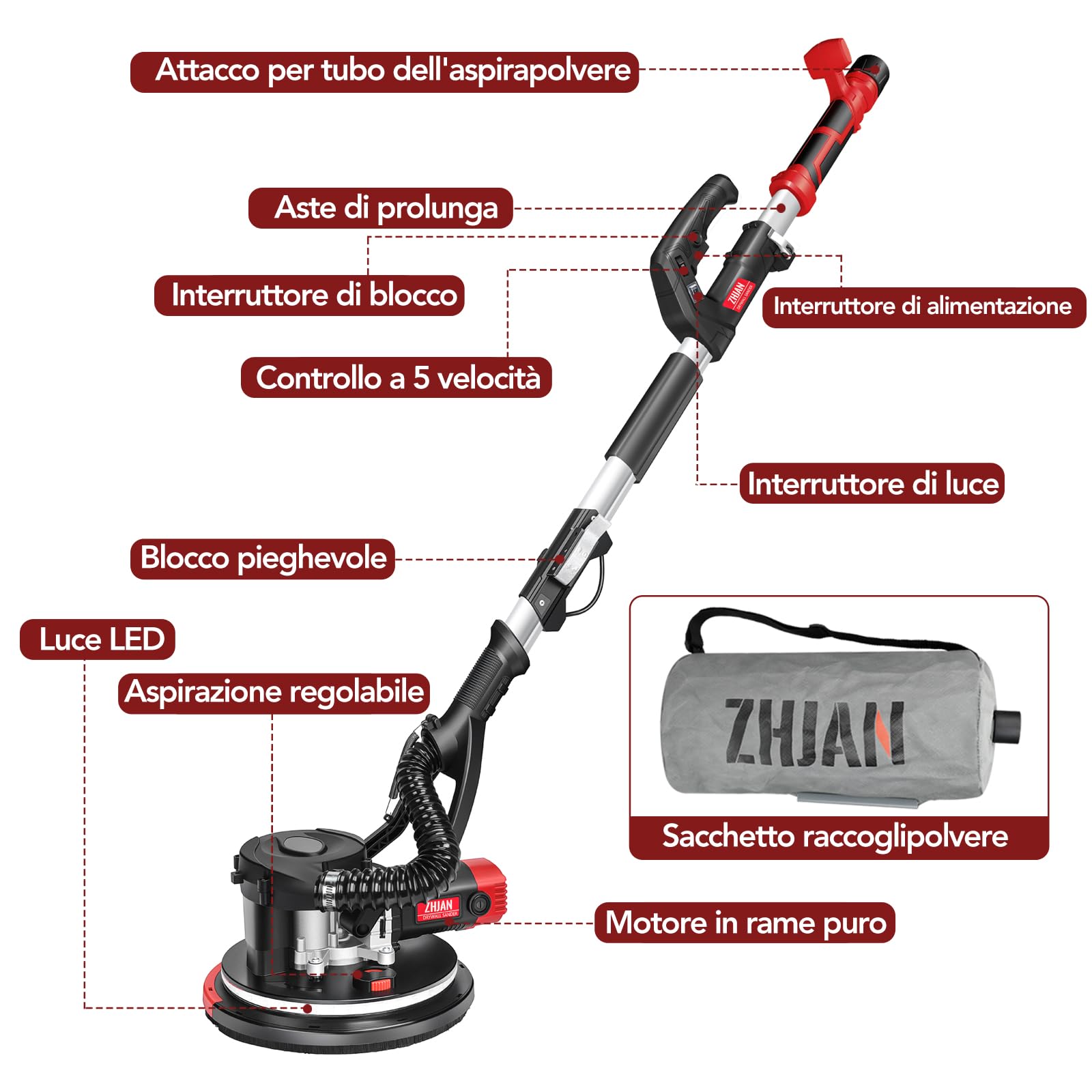 Levigatrice per Muro 880W con aspirazione polvere, 5 velocità (1000-2100 RPM), lisciviazione angoli morti, manico telescopico, LED, strumento rimozione popcorn soffitto 【compatibile aspiratori】