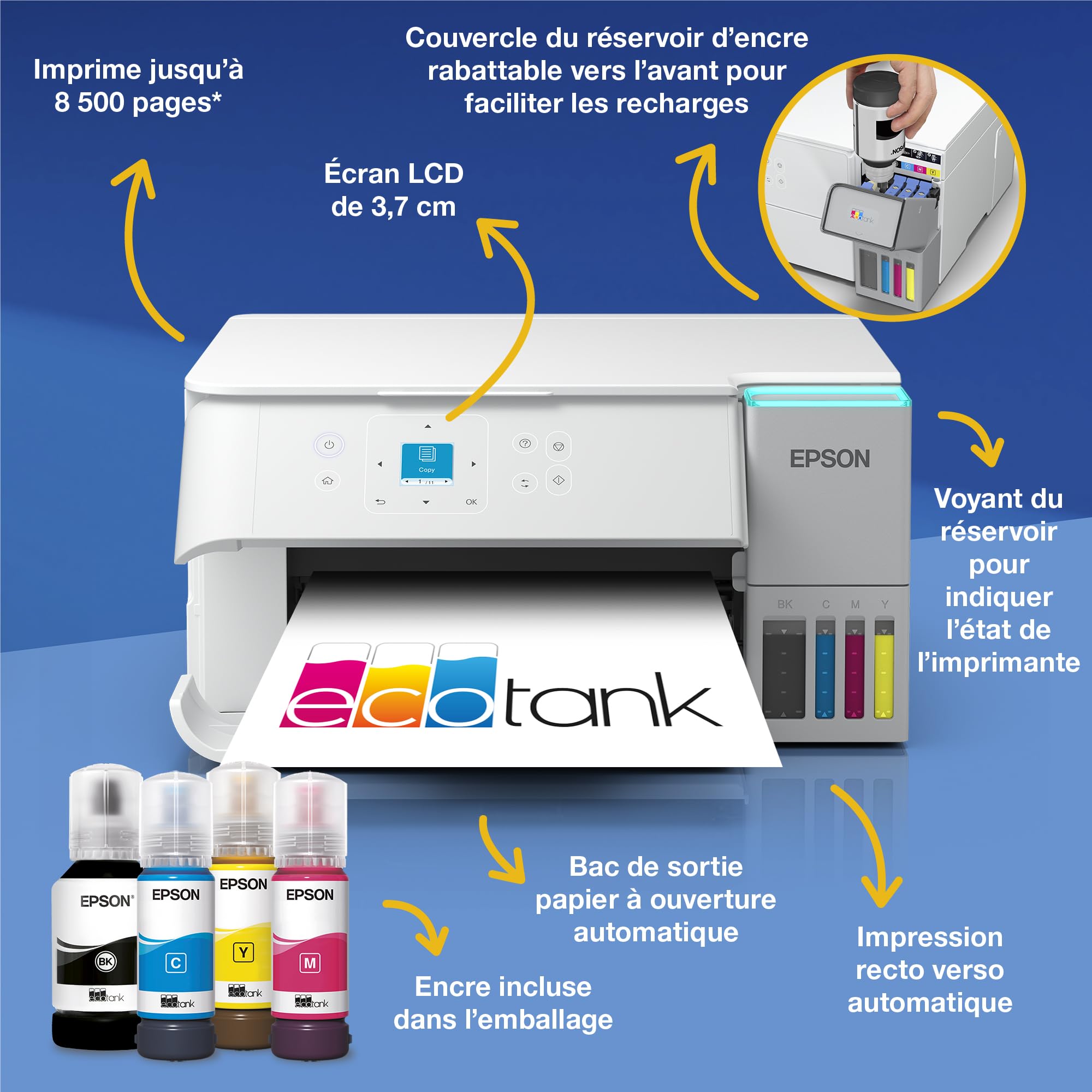 Epson EcoTank ET-2959 Imprimante à Réservoirs D’Encre | Maison & Petit Bureau | Wi-FI | A4 | Imprimer, Copier, Numériser | Écran LCD 3,7cm | Impression Recto Verso Auto | Jusqu’à 3 Ans d’Encre Inclus