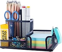 M&G Black Mesh Pen Holder Desk Organizer - 3 Compartment Metal Pencil Holder with Sticky Notes Slot for Office Home School