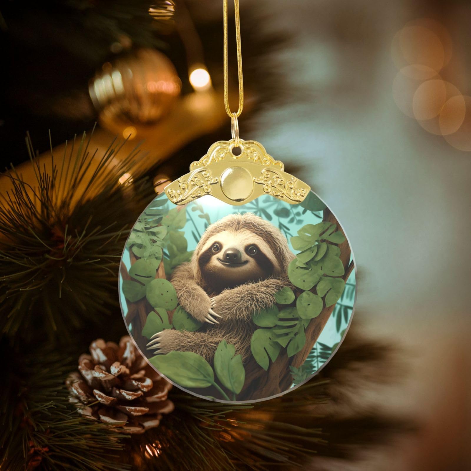 Crystal Christmas Ornaments for Christmas Tree Decoration Hanging Hug Tree Sloth Ornament with Gold Ribbon Crafts Round Pendant for Keepsake Gifts Glass Xmas Decor Party Supplies