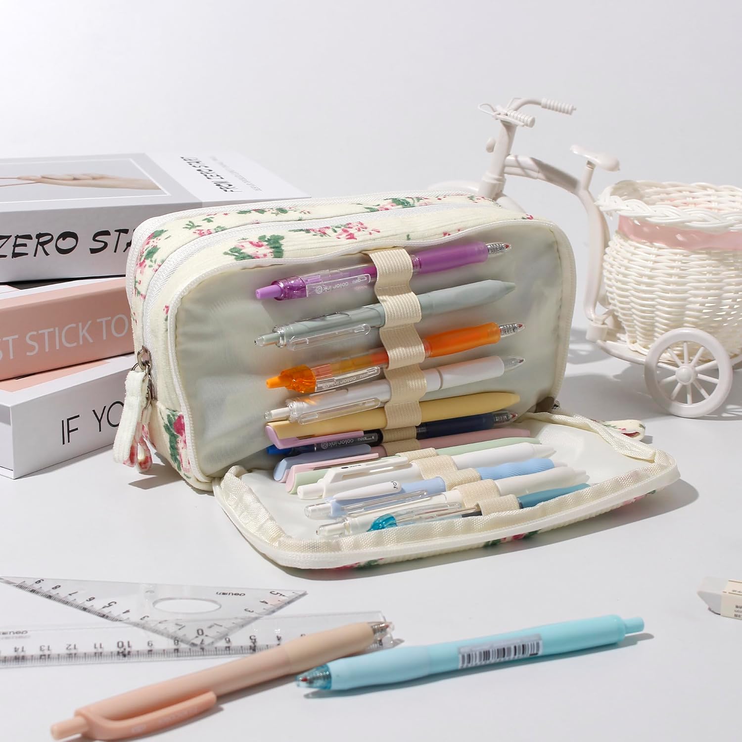 Big Capacity Pencil Case Pen Pouch Corduroy Pencil Bag Multiple Pockets Sturdy Zipper Cute School Supplies Pen Bag Organizer For Girls Kids (C Pink flower) - Image 2