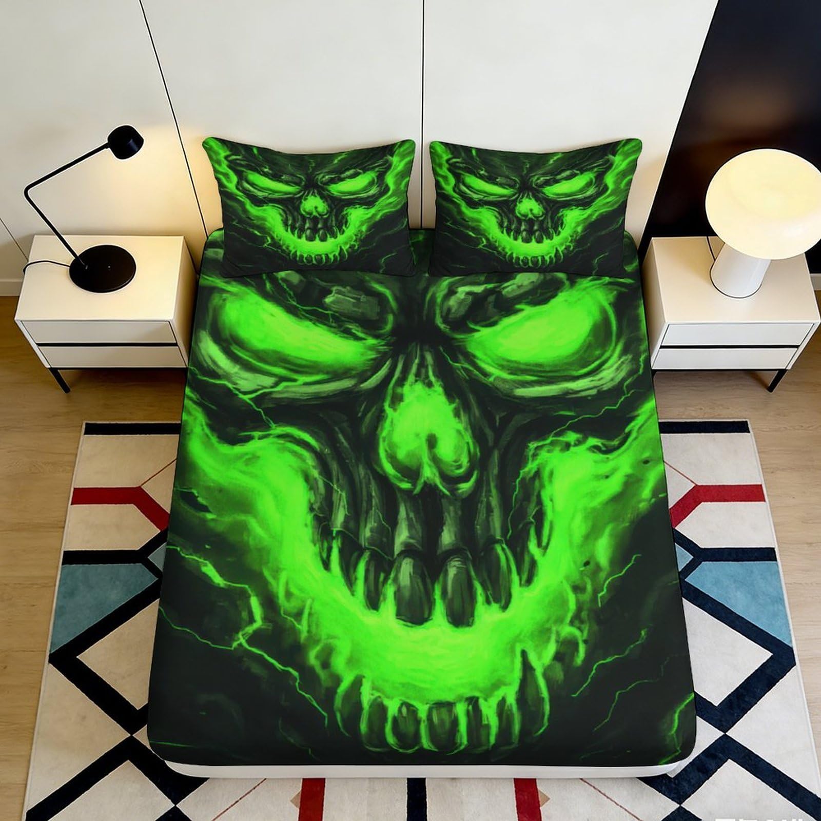 3D Printed Green Skull Fitted Sheet Microfiber Soft Breathable Flame Skeleton Mattress Cover for Bedroom Dorm Bed Protection Decor 90x200x25cm