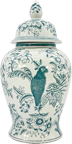 Galt International Dark Teal Parrot Floral Chinoiserie Ceramic Temple Jar