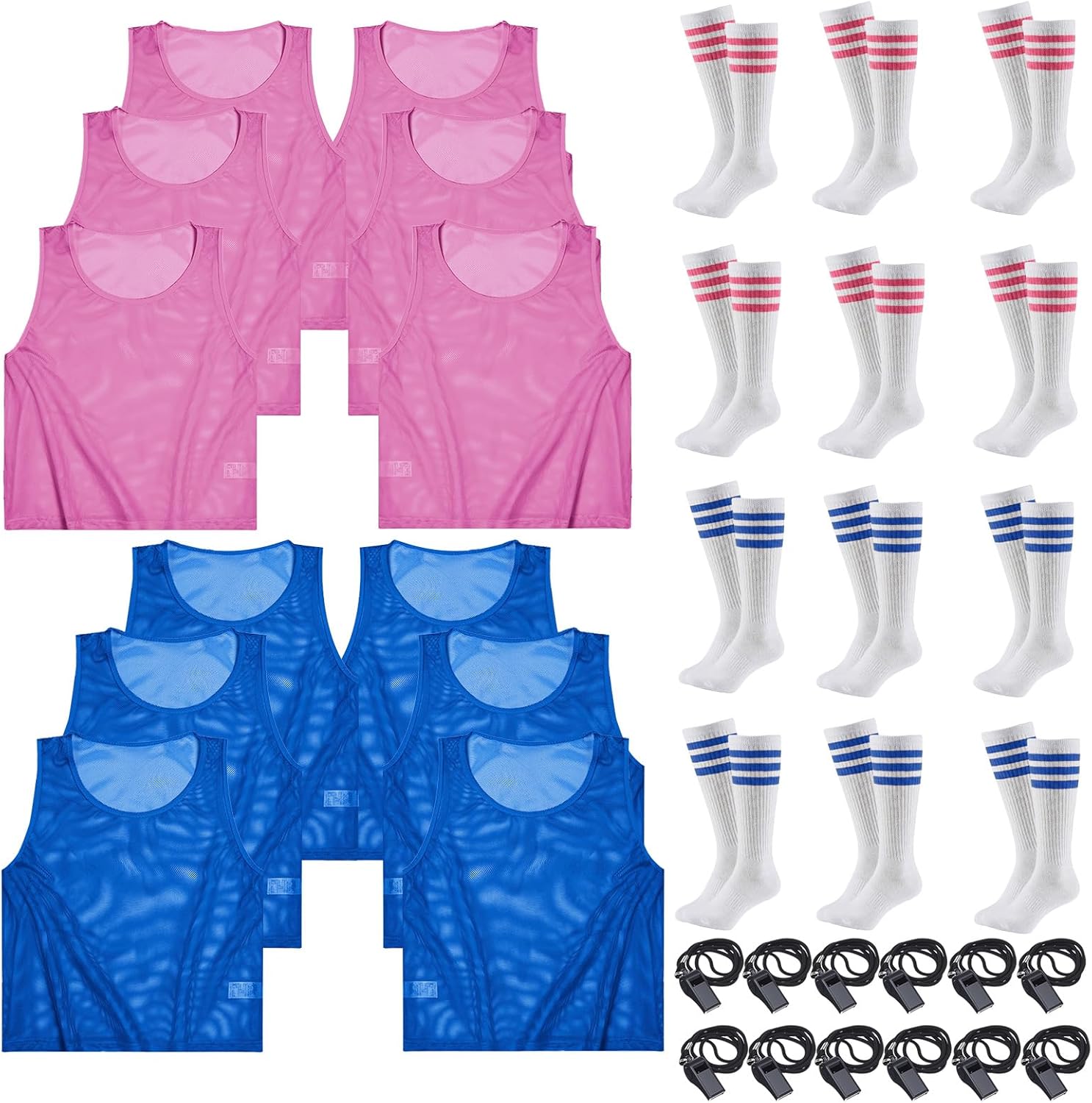 Boyiee 12 Set Soccer Training Equipment, Soccer Pinnies Adult Knee High Socks Plastic Coaches Whistles with Lanyard Scrimmage Jerseys Vests for Daily Wear, Cosplay, Sports Meet, S Size