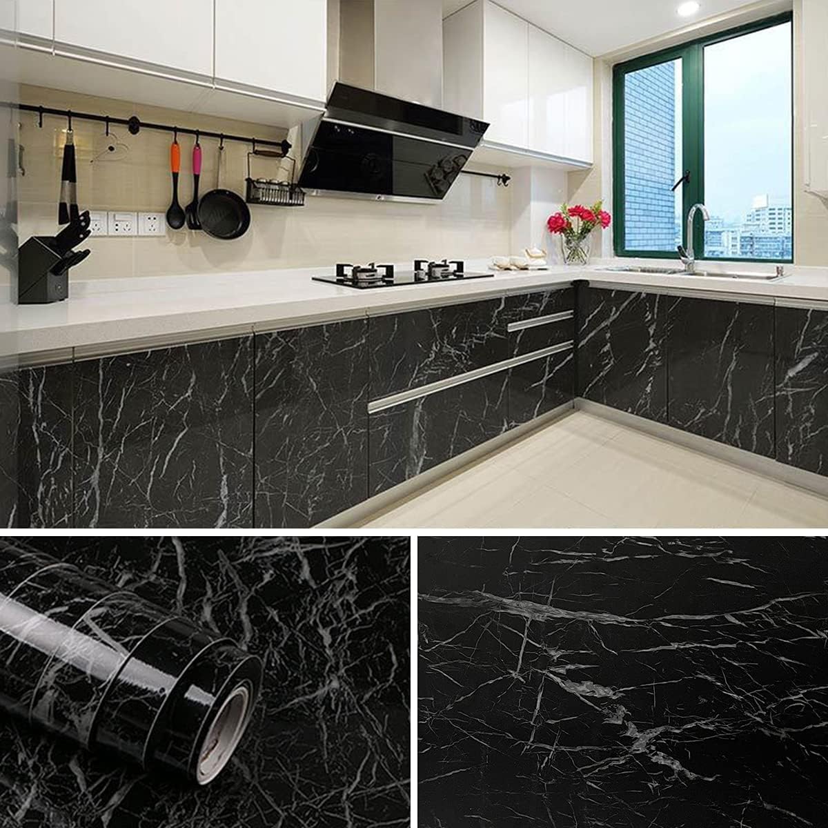 大理石 シート 黒 60cmｘ5m 壁紙シール リメイクシート インテリアシート 大理石 防水 防カビ 防汚 耐熱 壁用 テーブル 家具 台所 キッチン用 Diyリフォーム ウォール シート はがせる 光沢感で ウォールステッカー Faz Co Zm