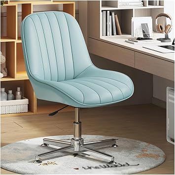 Ergonomic Leather Office Desk Chair No Wheels Modern Armless Padded Vanity Chair Mid Back Swivel Computer Task Chair Height Adjustable Wide Seat for Home Office
